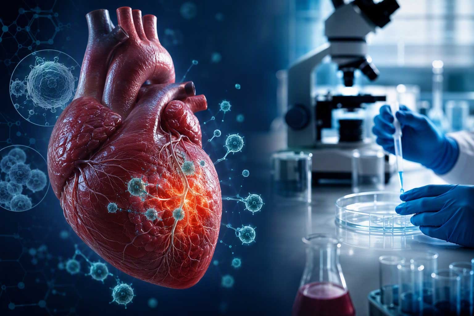 Human heart model and laboratory researchers studying stem-cell-based heart repair
