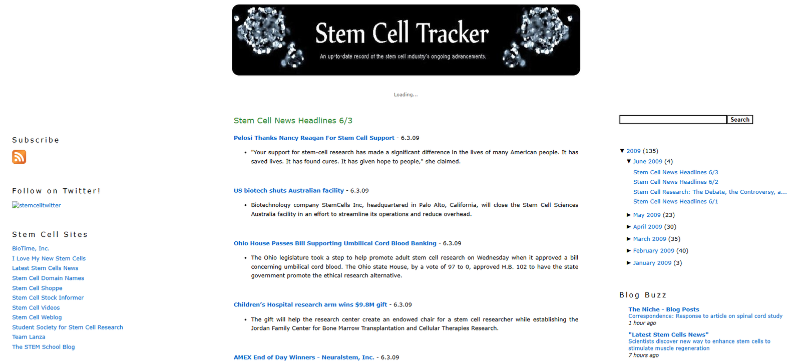 A Snapshot of the Stem Cell Tracker website in June 2009