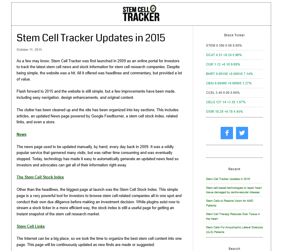 Stem Cell Tracker Updates in 2015 Stem Cell Tracker Updates in 2015