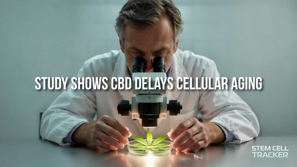 A seated scientist looks through a microscope at a petri dish with a marijuana leaf, with white text across the front saying 'Study shows cbd delays cellular aging"